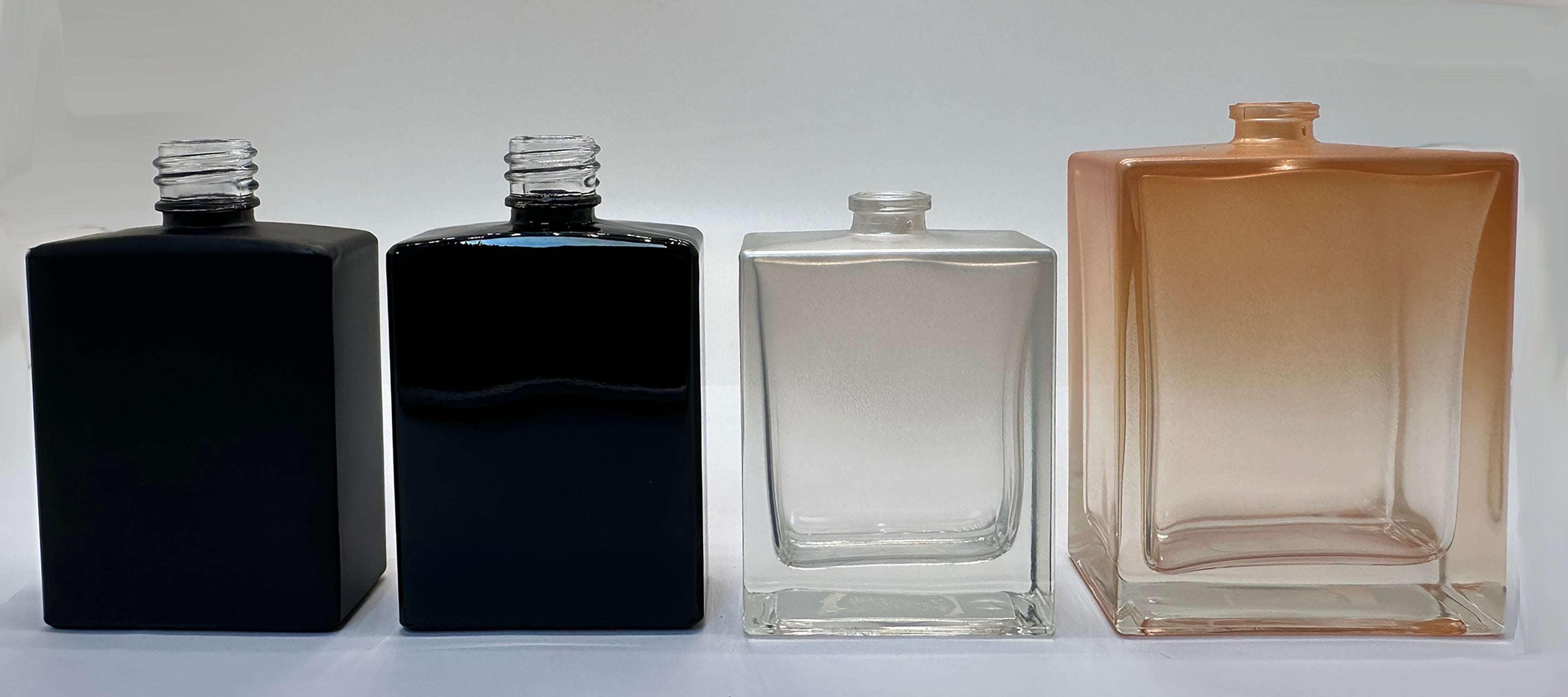 Rectangular bottles in matte, glossy, frosted and clear finishes